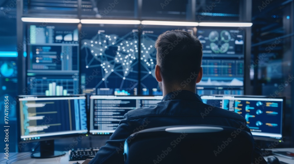 Poster Man Sitting at Desk With Multiple Computer Monitors