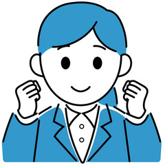 ガッツポーズをするスーツ姿の若い女性