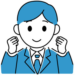 ガッツポーズをするスーツ姿の若い男性