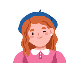 Cute girl smiling and winking. Adorable happy kid character in beret, funny face, head portrait, avatar. Cheerful little preschool child. Flat vector illustration isolated on white background - 774718978
