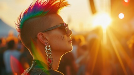 Girl punk rock musician with bright makeup and rainbow mohawk at concert