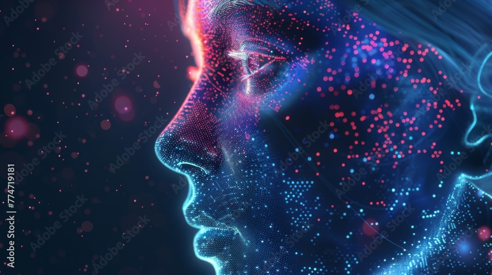 Poster digital human face representation highlighting artificial intelligence concept