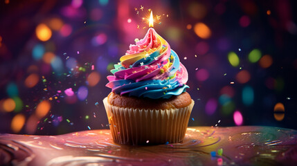 An HDR image of a whimsical cupcake with colorful frosting and sprinkles, presented in a playful,...