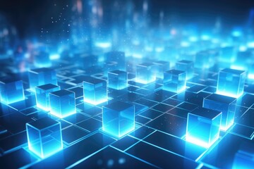 3d square and neon light line dark blue background, blue technology background with glowing cubes 3d rendering toned image 3D rendering, Ai generated