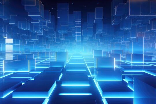 3d square and neon light line dark blue background, blue technology background with glowing cubes 3d rendering toned image 3D rendering, Ai generated