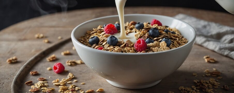 Milk jug pouring milk into the bowl with natural muesli made from mix of unprocessed whole grains