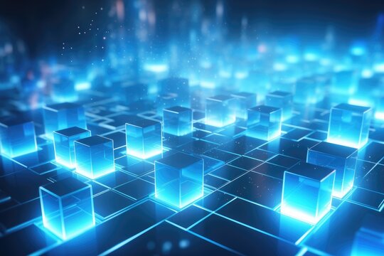 Fototapeta 3d square and neon light line dark blue background, blue technology background with glowing cubes 3d rendering toned image 3D rendering, Ai generated
