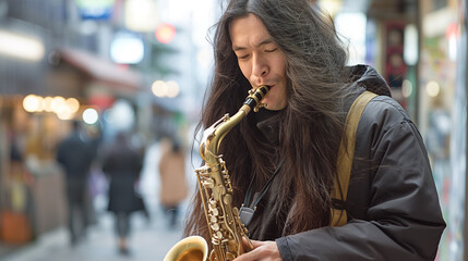 photo of long hair white man playing saxophone with blurry background  - obrazy, fototapety, plakaty