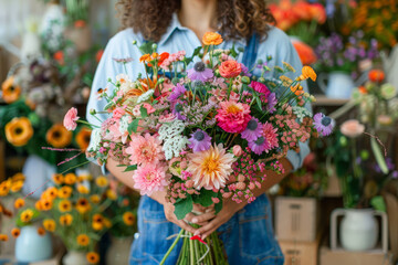 Close-up view of woman holding bouquet of mixed fresh flowers. Pleasant surprise for girl
