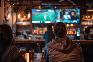 Friends watching football game in sport bar. People drinking beer and watching soccer match on...