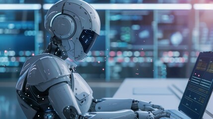 Fototapeta premium Robot Using Laptop for AI Work