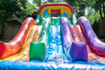 Fototapeta na wymiar Colorful inflatable bounce slide stands ready for play in homes backyard with green grass. Entertainment for children at birthday party