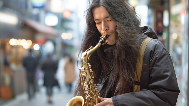 photo of long hair white man playing saxophone with blurry background 