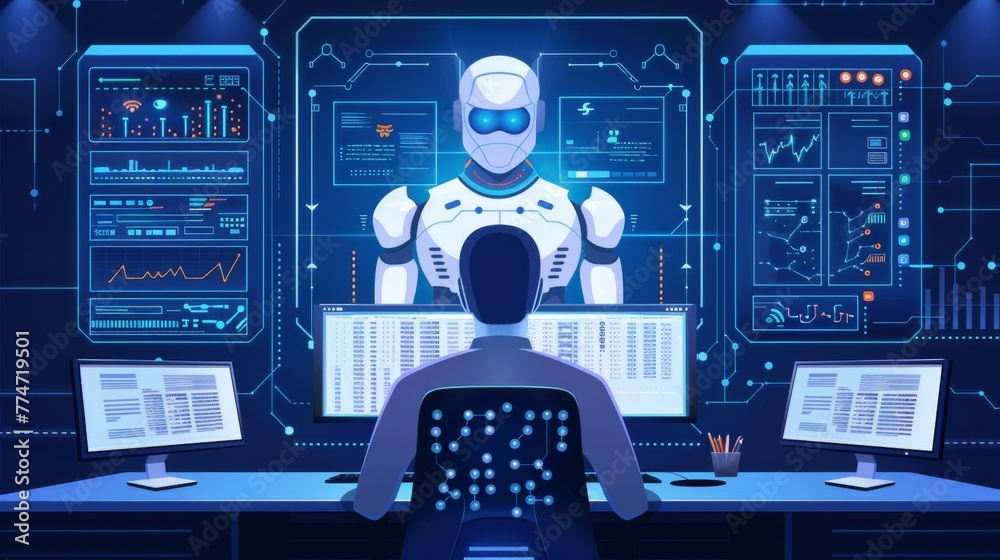 Poster AI Robot Monitoring Data Across Screens in High-Tech Control Room