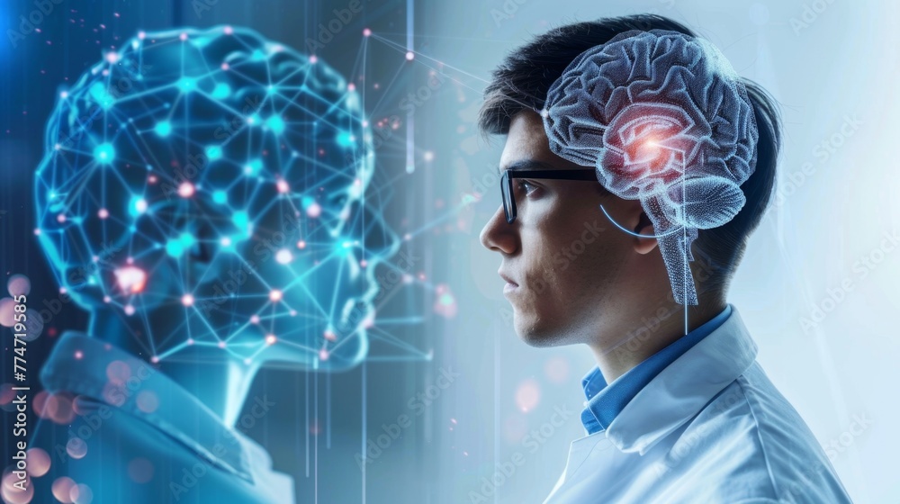 Aufkleber Man Contemplating Artificial Intelligence Through Augmented Reality