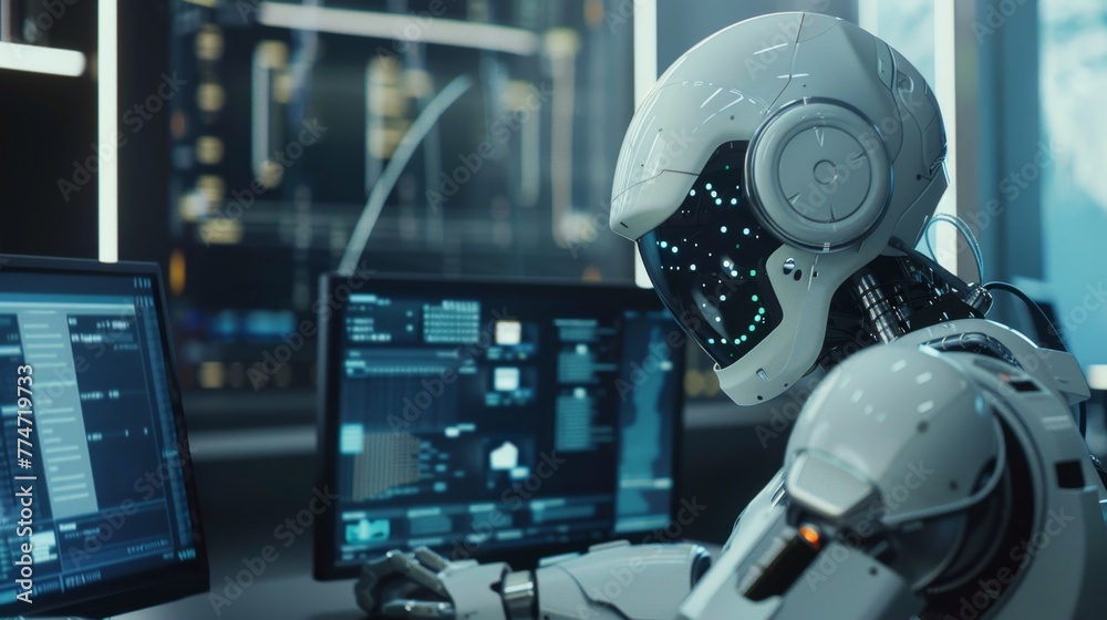 Aufkleber Robot Sitting in Front of Computer Monitor