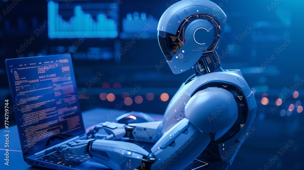 Aufkleber Robot Using Laptop for Programming