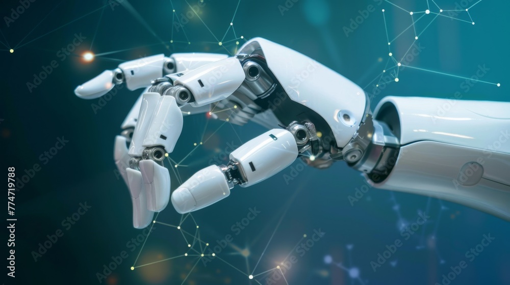 Poster futuristic robotic hand with advanced technology against a digital background