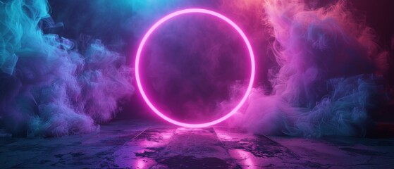 Render, round portal, pink neon, virtual reality, circles, energy source, glowing rings, blank space, frame, ultraviolet spectrum, laser show, smoke, fog, ground