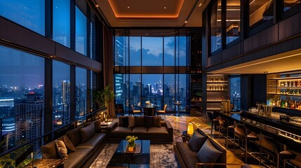 Mesmerizing Cityscape Nightscape Showcasing Luxurious Urban Lounge Interiors with Sophisticated Furnishings and Breathtaking Views