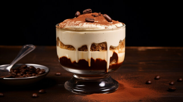 An HDR photo of a tiramisu in a glass cup, layering coffee-soaked ladyfingers and mascarpone cheese, set against a solid espresso brown background.