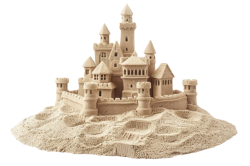 Sand castle isolated on white background. Children entertainment on sand beach during summer holidays
