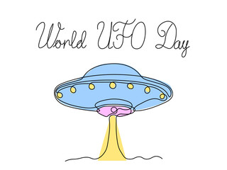 World UFO Day. Abstract UFO saucer,space alien ship,continuous single line art hand drawing sketch