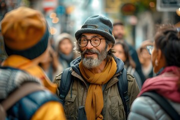 Fototapeta na wymiar Introspective Urban Adventurer:Mature Man Explores City Streets with Thoughtful Gaze