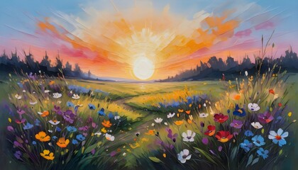 beautiful wild flowers against the background of sunrise, flowering field painted with oil paints