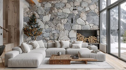 Modern Stone Wall Living Room A Cozy and Stylish Space for Monthly Meetups Generative AI