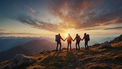 Panoramic view of team of people holding hands and helping each other reach the mountain top in spectacular mountain sunset landscape - obrazy, fototapety, plakaty