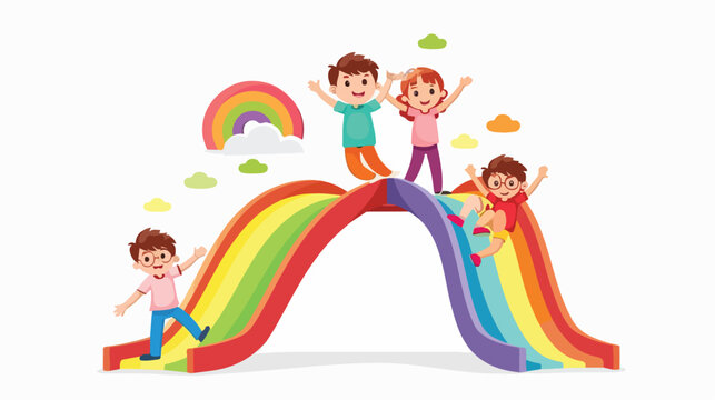 Cartoon little kids playing slide rainbow Flat vector