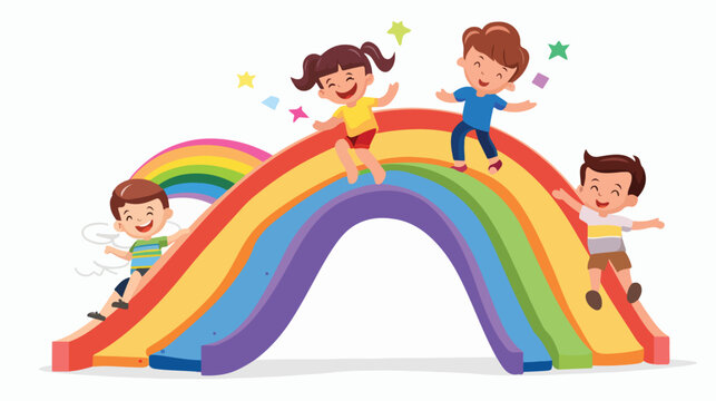 Cartoon little kids playing slide rainbow Flat vector