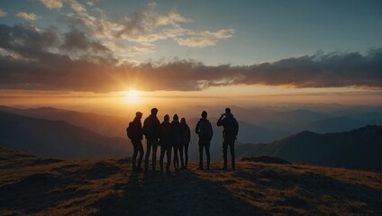 Panoramic view of team of people holding hands and helping each other reach the mountain top in spectacular mountain sunset landscape