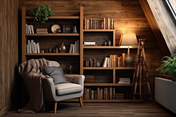 Obraz na płótnie Canvas Rustic Wooden Bookshelves and Cozy Chair in Creative and Organized Study Room