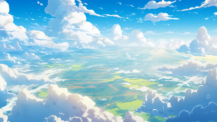 Fototapeta na wymiar Hand drawn cartoon white clouds in the blue sky illustration background 