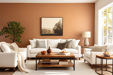 Art deco interior design of modern living room, home. Sofa and armchairs against coral wall.