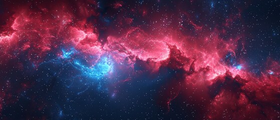 This is a 3D render of the big bang in space, expanding galaxy, abstract blue-red cosmic backdrop, celestial beauty of the universe, speed of light, fireworks, neon glow, stars in outer space, - obrazy, fototapety, plakaty