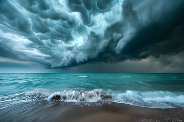 Dramatic Turbulent Clouds Gathering Over Ocean Waves at the Beach