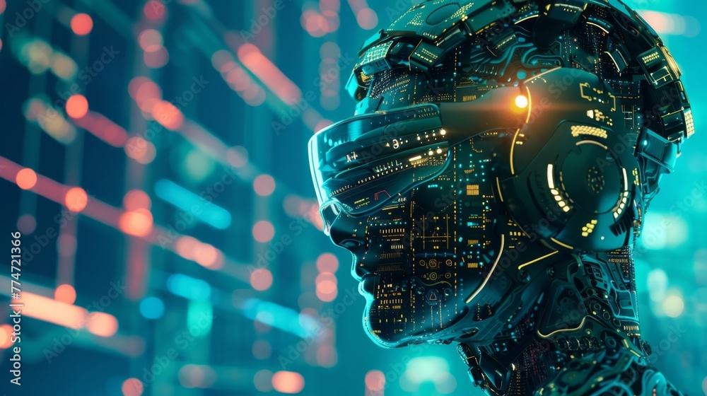 Poster futuristic ai robot head against a digital background