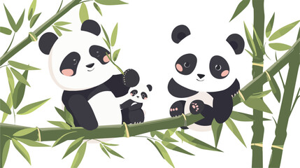 Cartoon mom and baby panda in the climbing bamboo 