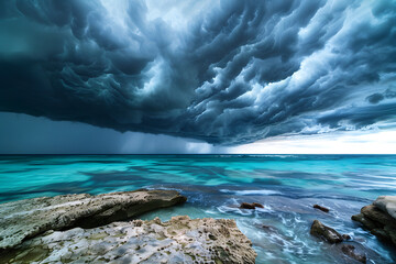 Dramatic Thunderstorm Clouds Over Turquoise Sea and Rocky Shoreline, Nature Power Concept