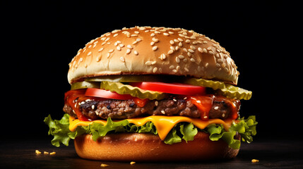 An HD photo of a freshly grilled American cheeseburger, with lettuce, tomato, cheese, and pickles on a sesame seed bun.