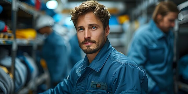 A man in a blue uniform inspecting clothes at a dry cleaning facility with another employee in the background. Concept Dry cleaning, Uniform inspection, Work environment, Employee cooperation