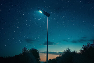 A street light is lit up in the night sky
