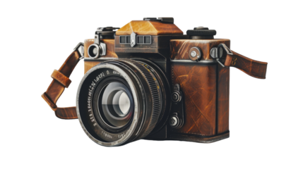 A vintage camera adorned with a stylish leather strap