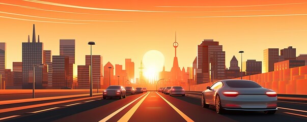Fototapeta premium A busy highway with cars and a sunset in the background