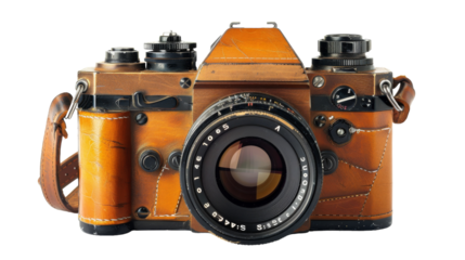 A camera in a luxurious leather case sits beside a sleek lens, ready for action