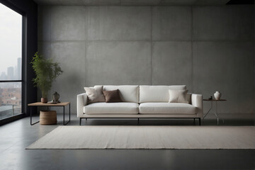 Zeitgenössisches minimalistisches Wohnzimmer mit Betonwand und stilvoller Dekoration - obrazy, fototapety, plakaty
