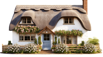 A whimsical white house with a thatched roof and a lovely blue door